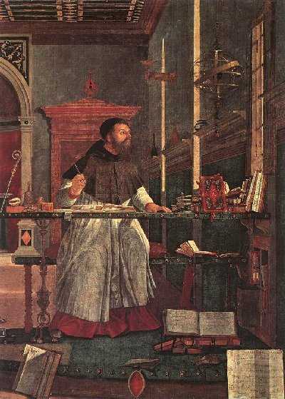 Vittore Carpaccio: Vision des Augustinus (Detail), 1502, Schule von San Giorgio degli Schiavoni in Venedig